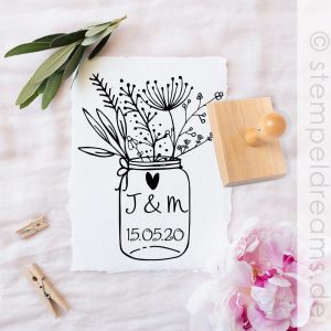 Hochzeitsstempel Mason Jar – Blumenstrauss – personalisiert – individualisiert – Save-the-Date – Stempel – Hochzeit – Motiv: 386